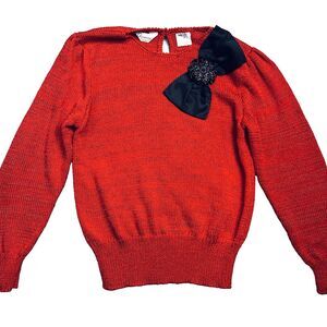Red Coquette Bow Sweater L Hand Loomed Embellish Beaded Sequin Christmas Holiday